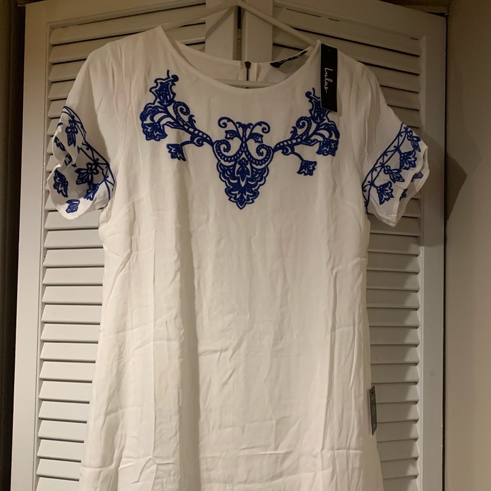 NWT Ecru/Blue Motif Mini Dress